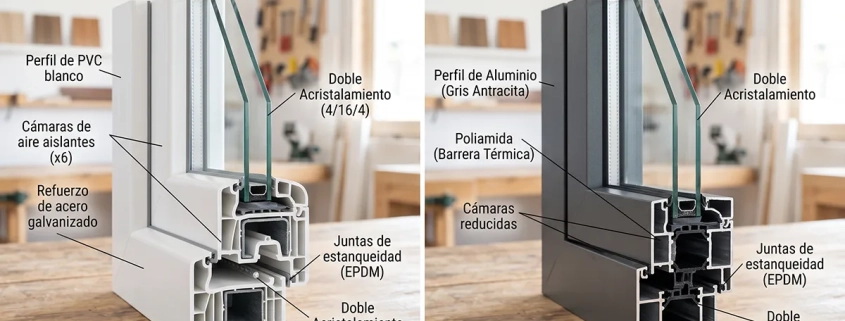 Comparativa de perfil de PVC Kommerling y aluminio Cortizo