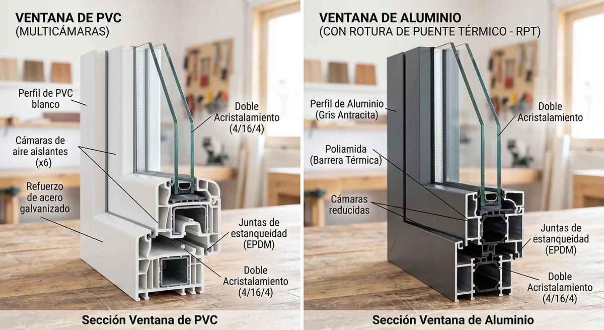 Comparativa de perfil de PVC Kommerling y aluminio Cortizo